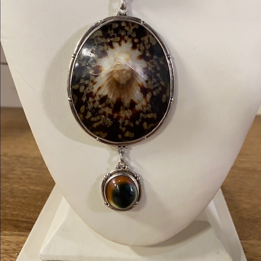 Sterling Carved Celestial Shell Stone Necklace - image 2